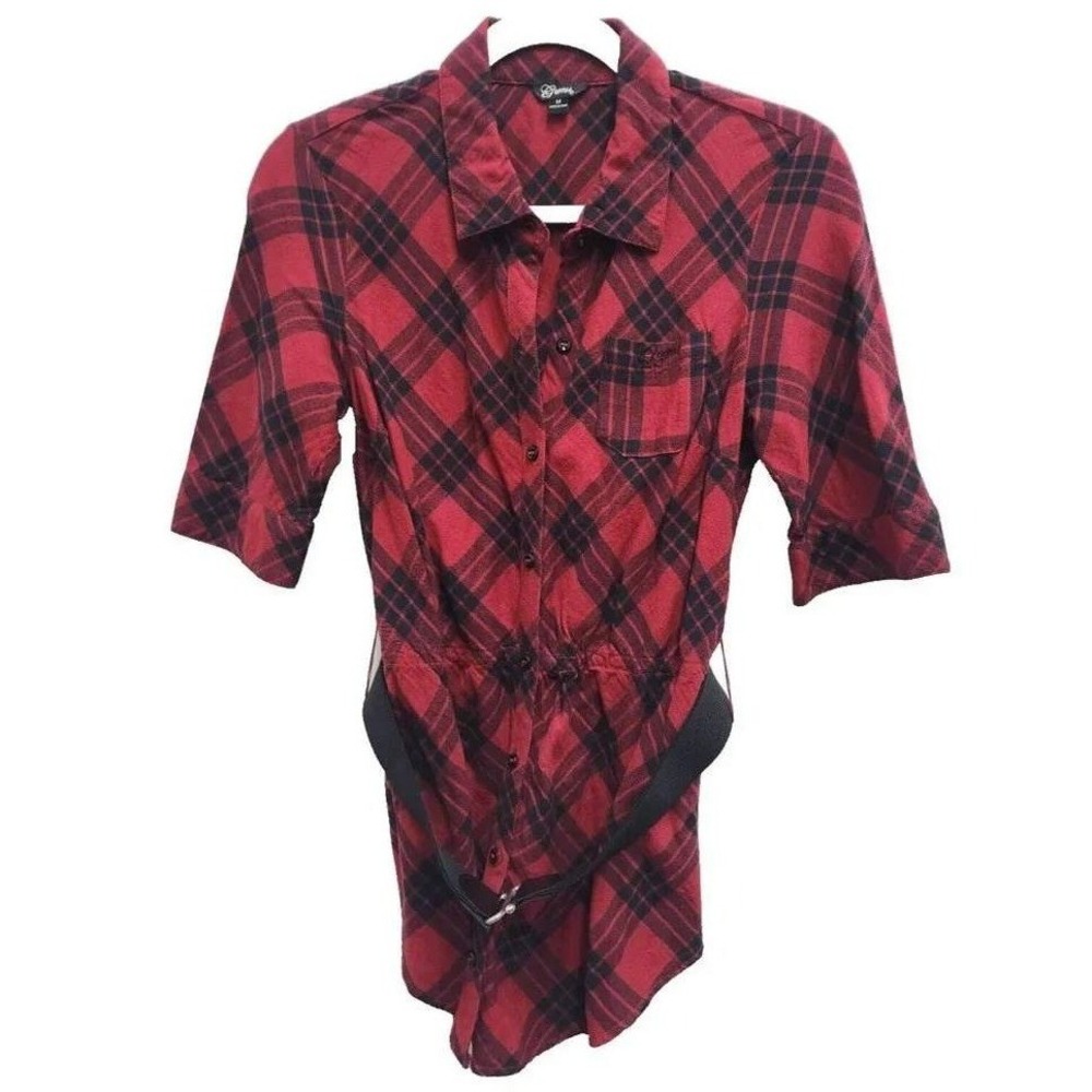 Guess VTG Y2K Plaid Belted Tunic Top Womens M Red Black Button Up Short Sleeve